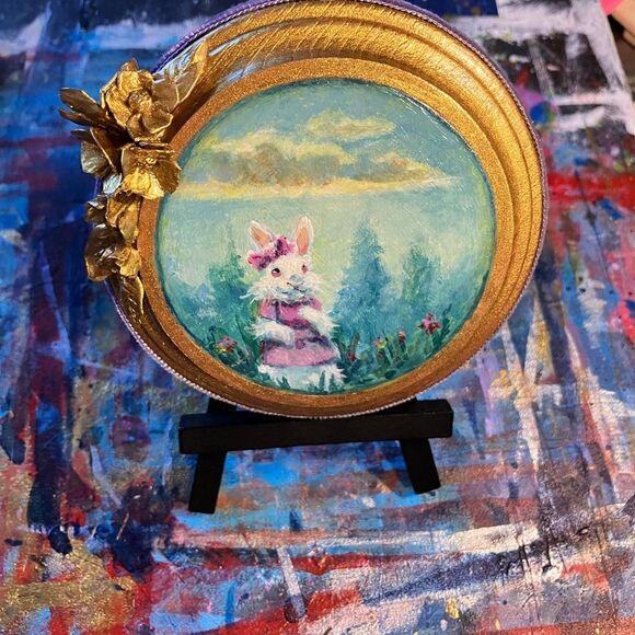 Whimsical Painting rabbit Miniature Round Art Gold Floral - Cottage Core Decor - Picture 3 of 6